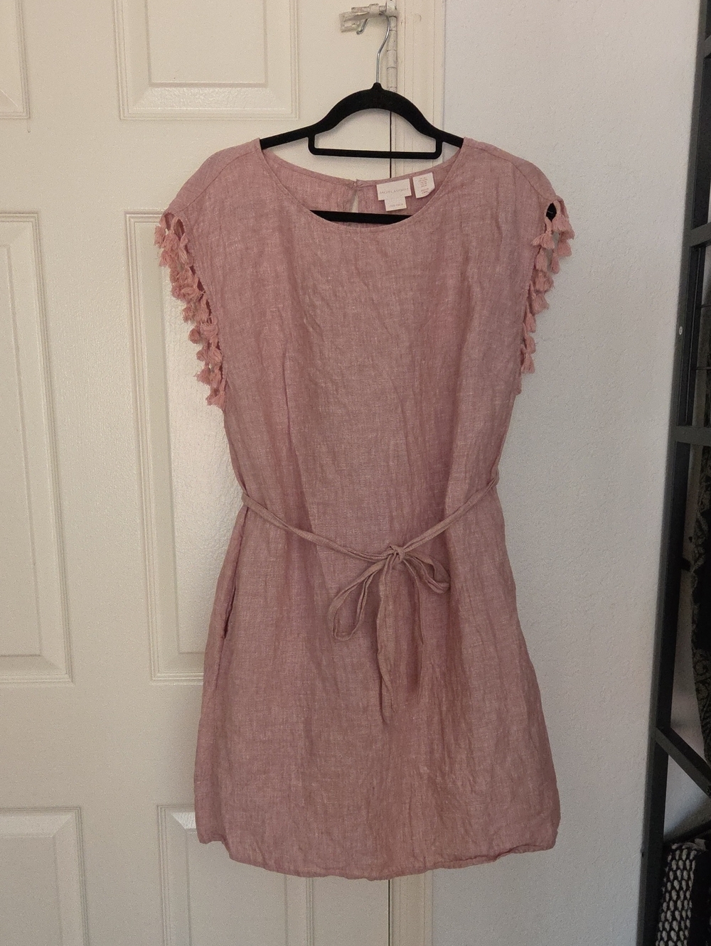Rqchel Ashwell Soft Pink Linen Belted Dress with Tassel Sleeve Detail M